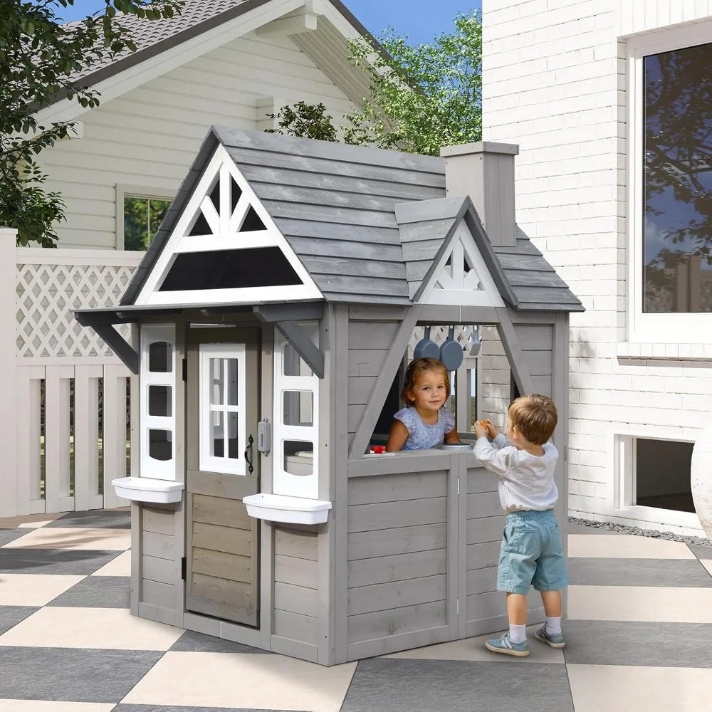 Modern Gray Wooden House for Kids Ages 4-8, Kitchen with Spatulas, Induction Cooker, Flower Pot Rack, Functional, Playhouses