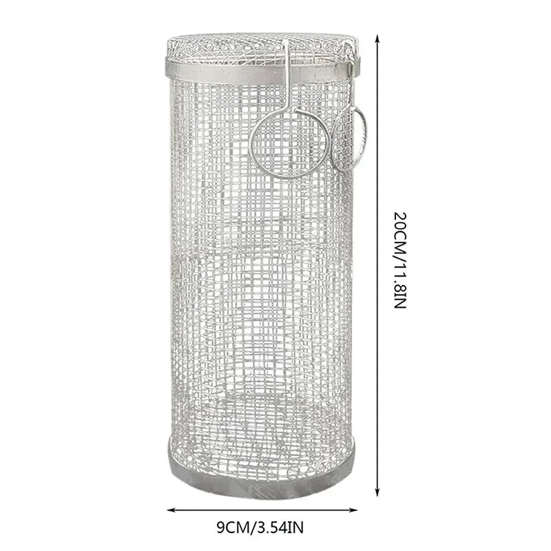 BBQ Basket Stainless Steel Rolling Grilling Basket Wire Mesh Cylinder Grill Basket Portable Round Outdoor Camping Barbecue Rack