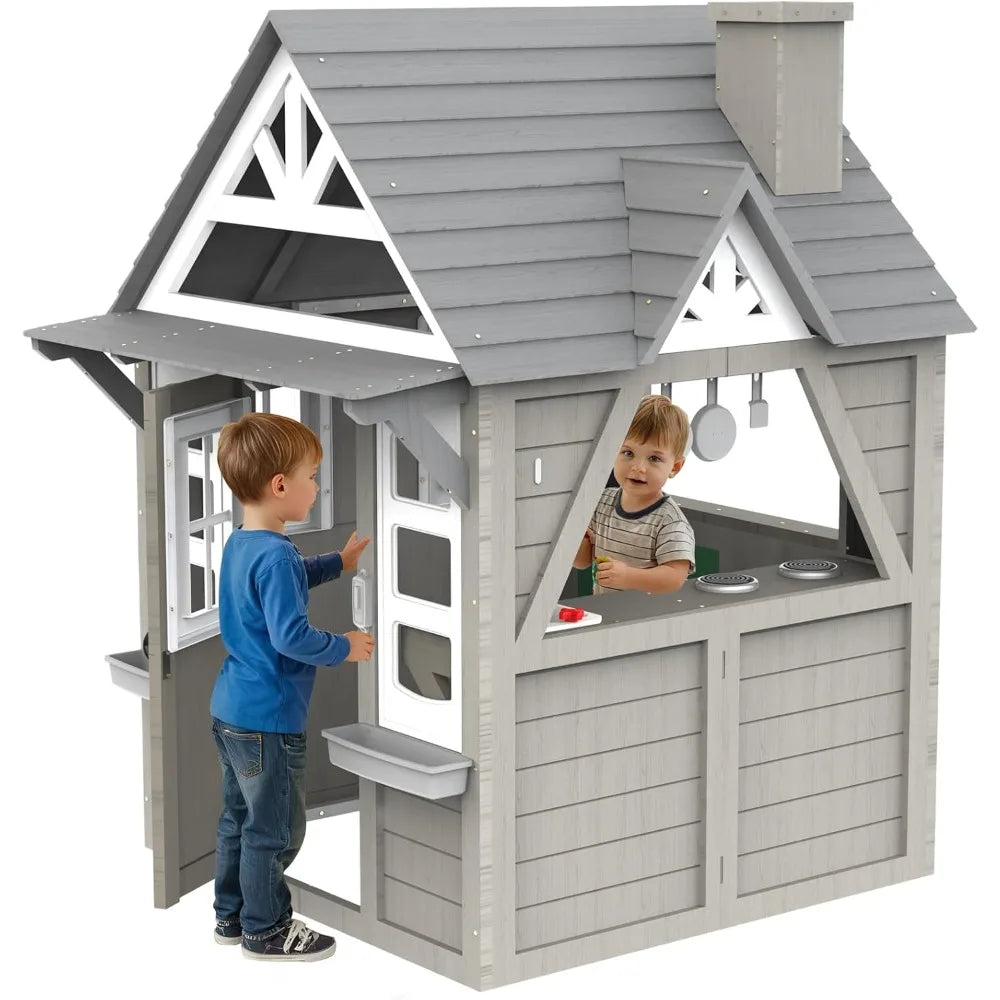 Modern Gray Wooden House for Kids Ages 4-8, Kitchen with Spatulas, Induction Cooker, Flower Pot Rack, Functional, Playhouses