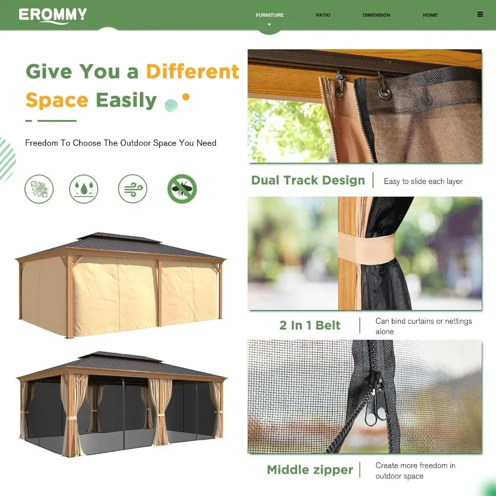 14' X 20' Hardtop Gazebo, Outdoor Permanent Metal Pavilion with Curtains and Nettings for Patio, Backyard and Deck Gazebo