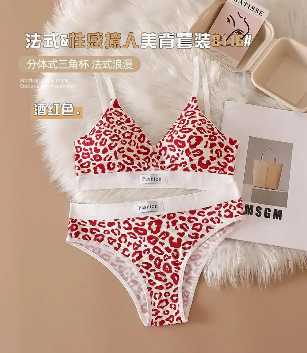 Women Seamless Bra Set Low Waist Panties Leopard Bralette Sexy Lingerie Set Vneck Sport Brassiere Female Cotton Underwear Set
