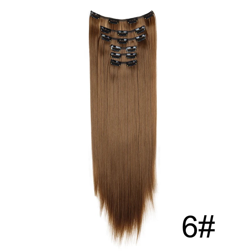 Synthetic 24Inch 16 Clips in Hair Extensions Long Straight Hairstyle Blonde Black Hairpieces Heat Resistant False Hair Daily Use