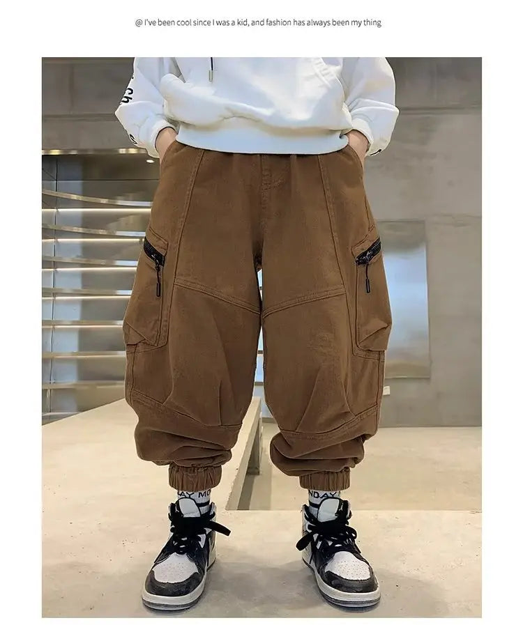 Boys Spring Autumn Children's Clothing Cargo Pants Children's Casual Large Size Sweatpants Boys Fashion Fake Zippers Cargo Pants