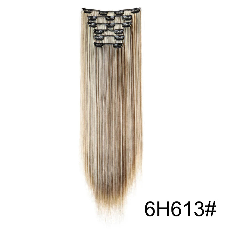 Synthetic 24Inch 16 Clips in Hair Extensions Long Straight Hairstyle Blonde Black Hairpieces Heat Resistant False Hair Daily Use
