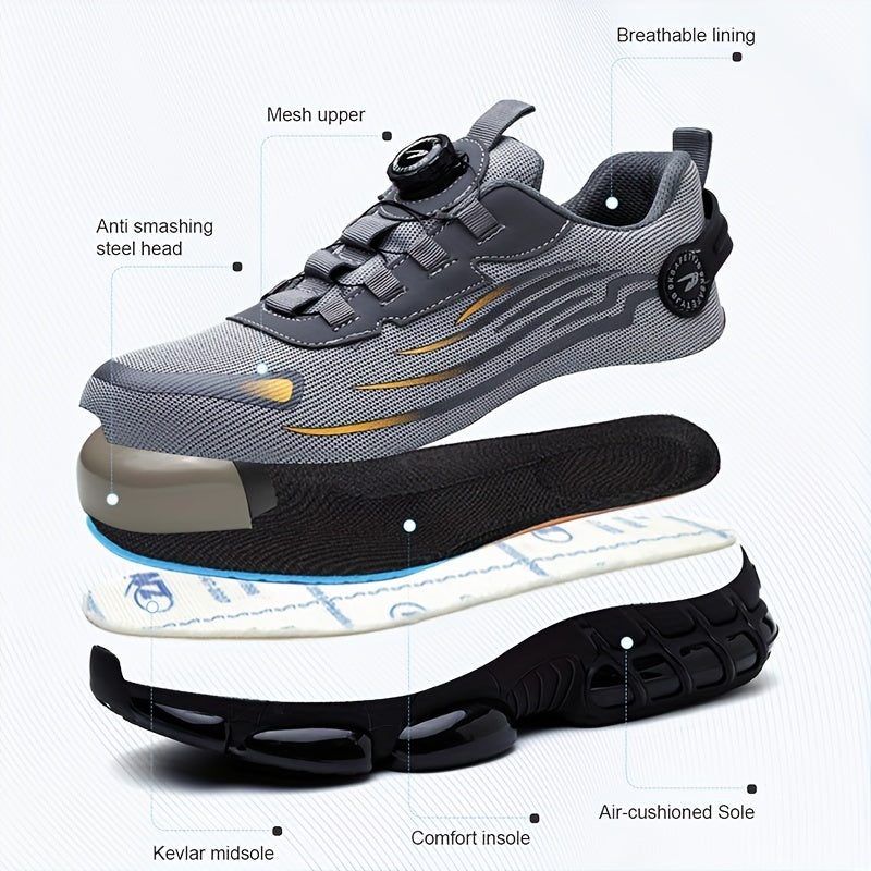 Men's Steel Toe Puncture-Proof Work Safety Sneakers with Rotating Button Closure - Breathable Mesh & Fabric Lining, Non-Slip Rubber Sole - Lightweight Summer Industrial Shoes for Warehouse, Construction, Factory, Steel Toe Sh