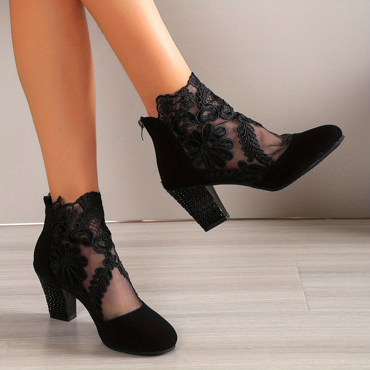 Women's Mesh Block Heel Boots, Fashion Floral Embroidered Back Zipper Heels, Versatile Dress Ankle Boots