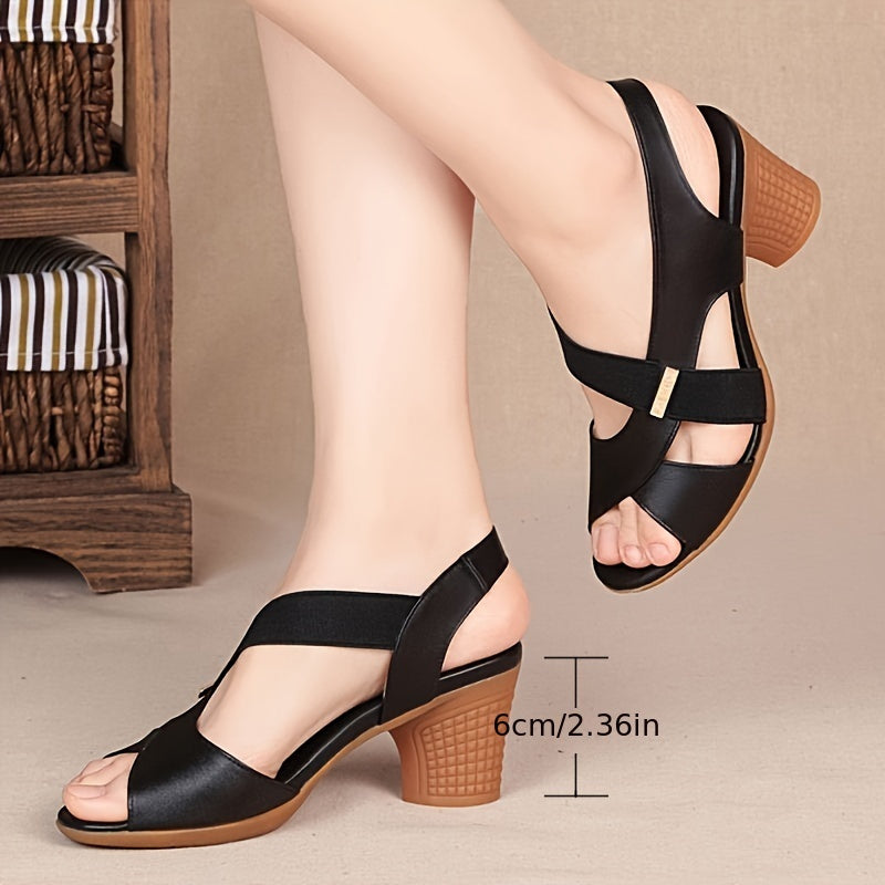 2024 Summer Comfortable Women's Mid-Heel Sandals, Slip-On Chunky Heeled High Heels in Solid Color for Mature Ladies