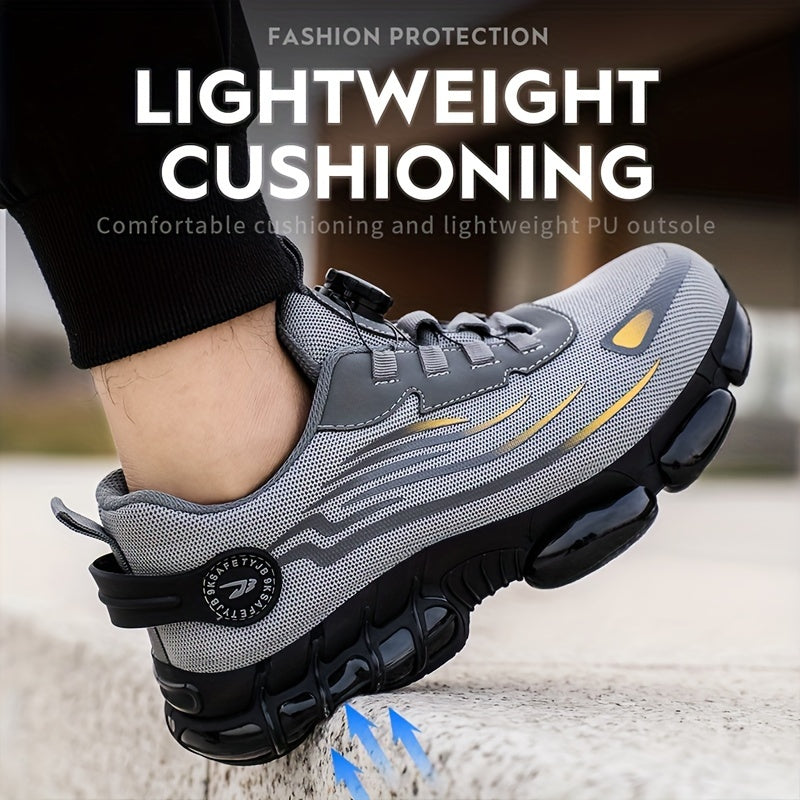 Men's Steel Toe Puncture-Proof Work Safety Sneakers with Rotating Button Closure - Breathable Mesh & Fabric Lining, Non-Slip Rubber Sole - Lightweight Summer Industrial Shoes for Warehouse, Construction, Factory, Steel Toe Sh