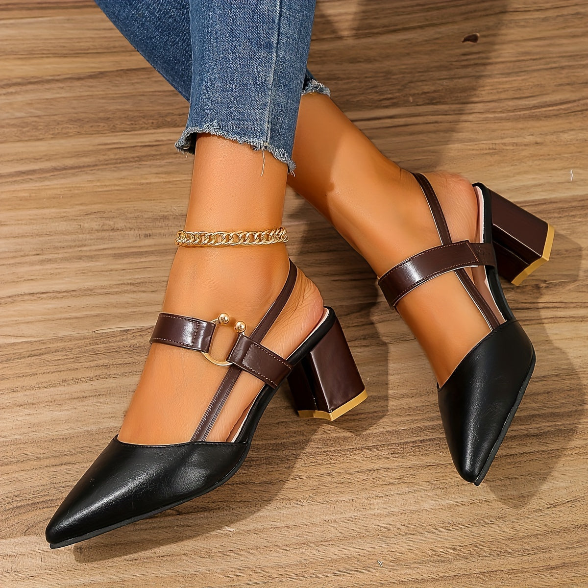 Women's Pointed Toe Block High Heel Sandals, Fashion Solid Color Slingback Shoes, Versatile Mid Heels