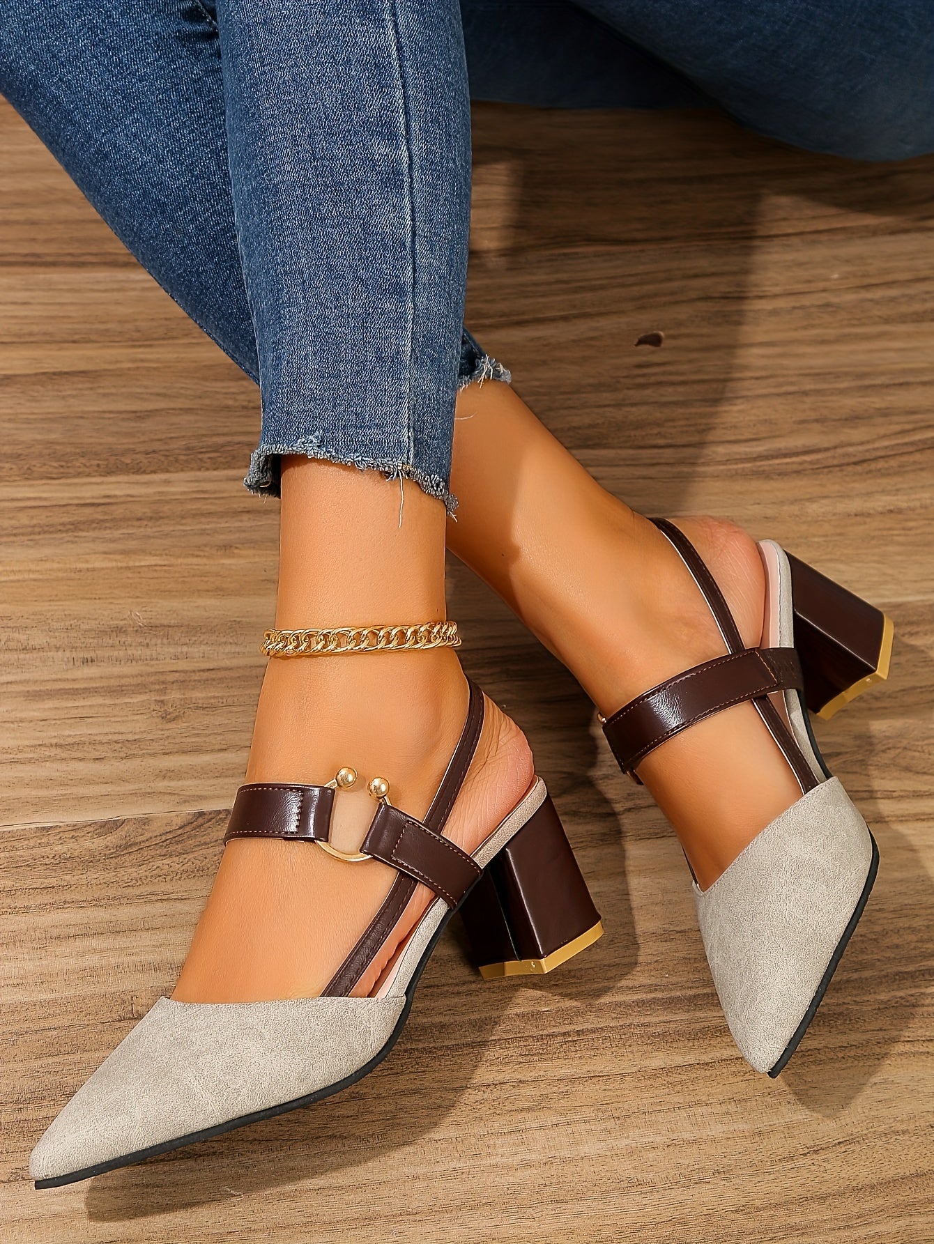 Women's Pointed Toe Block High Heel Sandals, Fashion Solid Color Slingback Shoes, Versatile Mid Heels