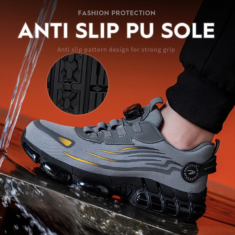 Men's Steel Toe Puncture-Proof Work Safety Sneakers with Rotating Button Closure - Breathable Mesh & Fabric Lining, Non-Slip Rubber Sole - Lightweight Summer Industrial Shoes for Warehouse, Construction, Factory, Steel Toe Sh