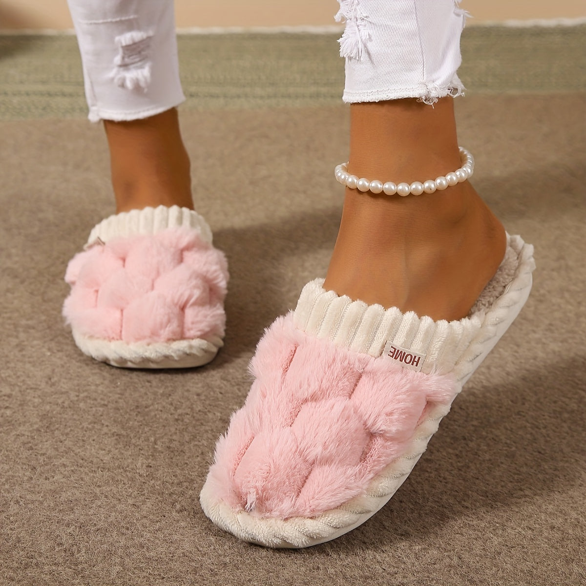 Cozy Faux Fur Slippers - Soft Fabric Lined, Rubber Sole, Comfortable Indoor Shoes for Home, Casual Slip-On Design with Plush Interior