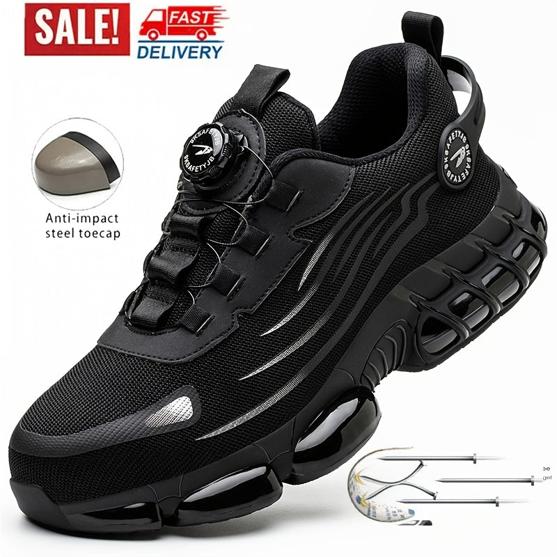 Men's Steel Toe Puncture-Proof Work Safety Sneakers with Rotating Button Closure - Breathable Mesh & Fabric Lining, Non-Slip Rubber Sole - Lightweight Summer Industrial Shoes for Warehouse, Construction, Factory, Steel Toe Sh
