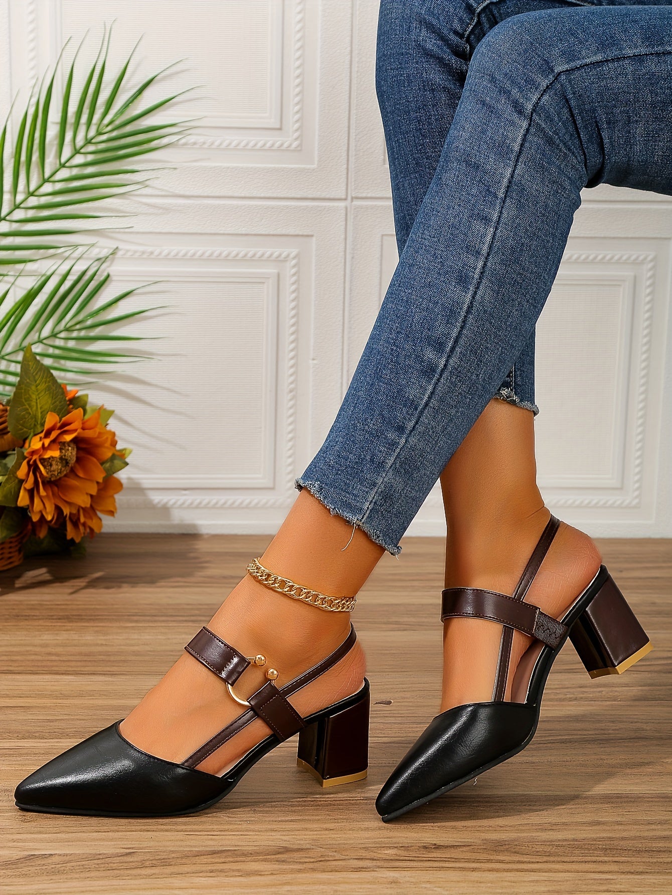 Women's Pointed Toe Block High Heel Sandals, Fashion Solid Color Slingback Shoes, Versatile Mid Heels