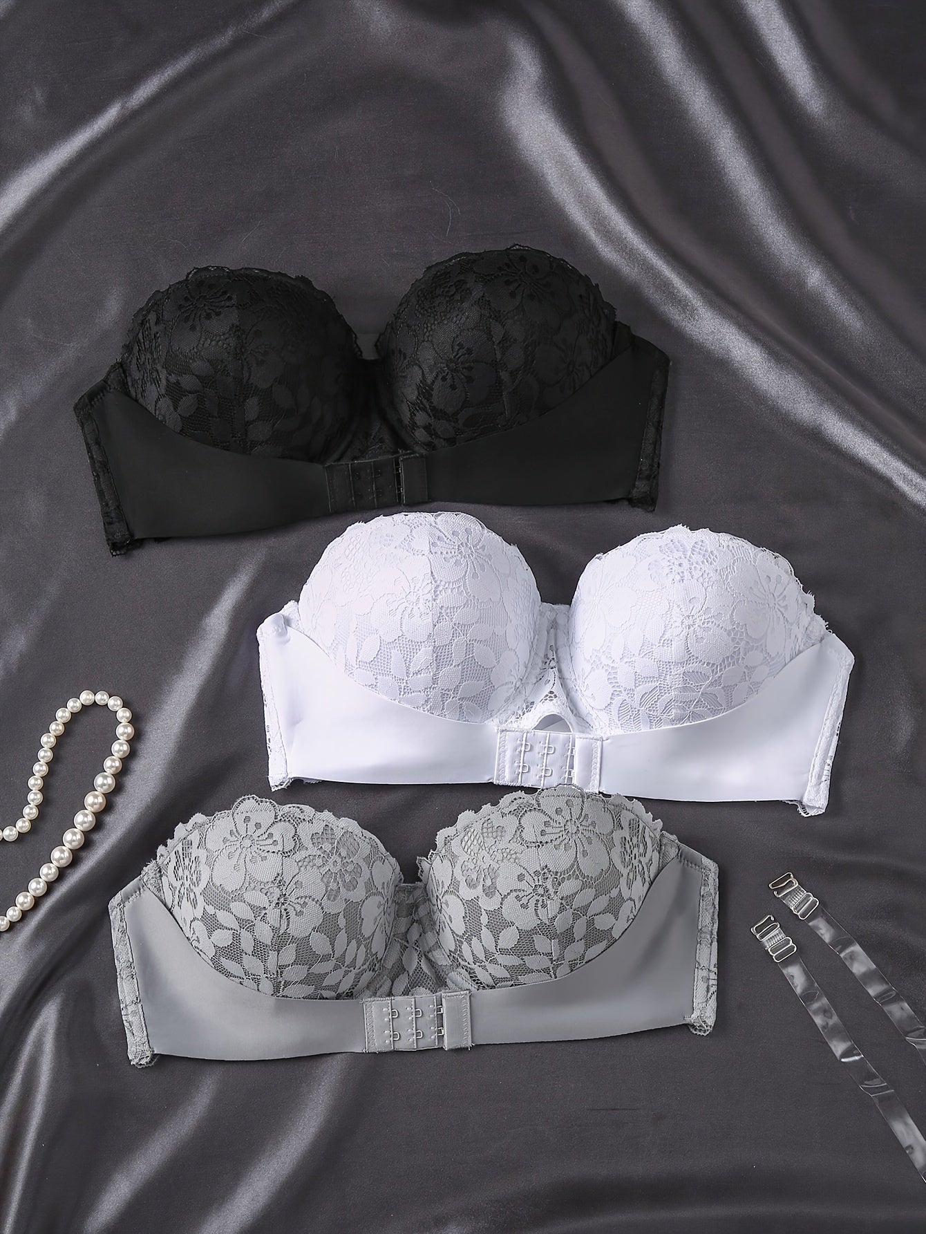 [3pcs Push-Up Lace Strapless Bras] 3pcs Elegant Lace Strapless Bras for Women - Invisible Front Closure, Push-Up Balconette Style with Non-Removable Pads, Breathable & Comfort Fit, Available in White, Gray, Black