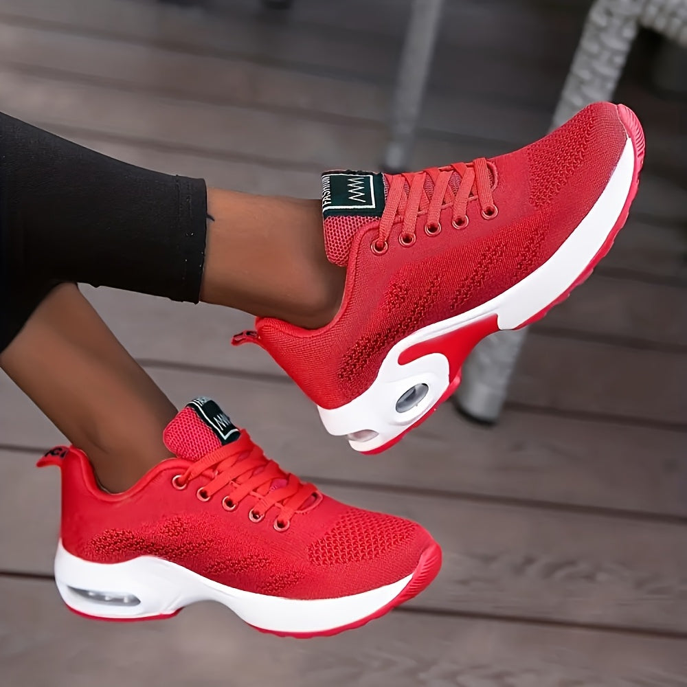Women's White Breathable Sneakers - Low-Top Casual Sports Shoes with Air Cushion Sole, Shock-Absorbing Platform for Running