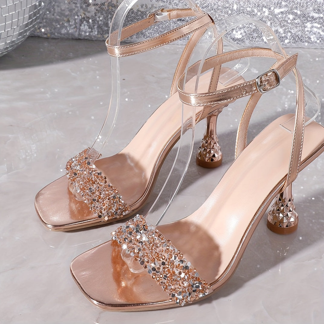 Women'S Electroplated High Heel Square Toe Shoes with Sequins and Ankle Strap - Fashionable Metallic Champagne Colored Stiletto Pumps for Spring, Summer, and Autumn, Allseason Shoes|Square Toe Shoes|Decorative Heels