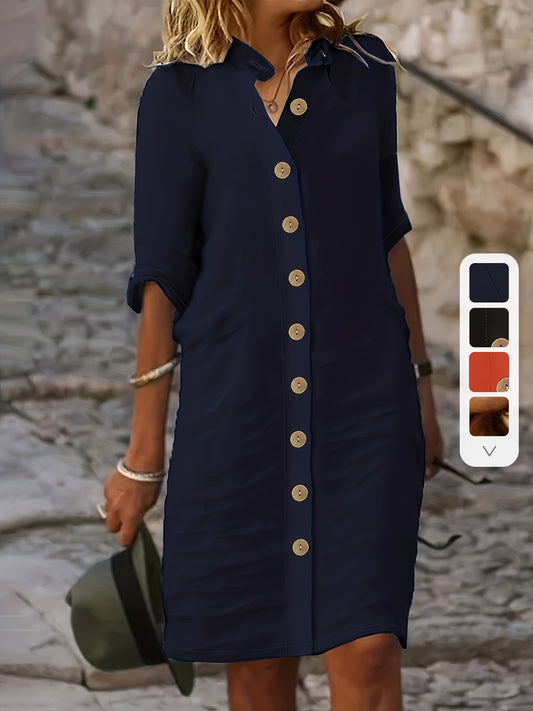Button Front Half Sleeve Dress, Casual Solid Simple Midi Dress, Women's Clothing