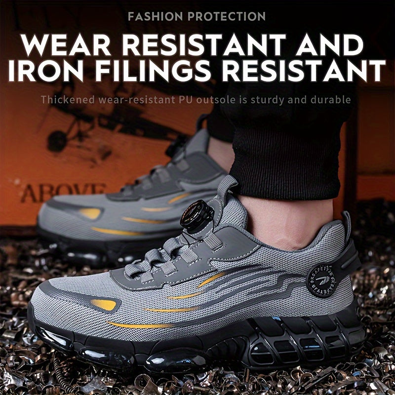 Men's Steel Toe Puncture-Proof Work Safety Sneakers with Rotating Button Closure - Breathable Mesh & Fabric Lining, Non-Slip Rubber Sole - Lightweight Summer Industrial Shoes for Warehouse, Construction, Factory, Steel Toe Sh