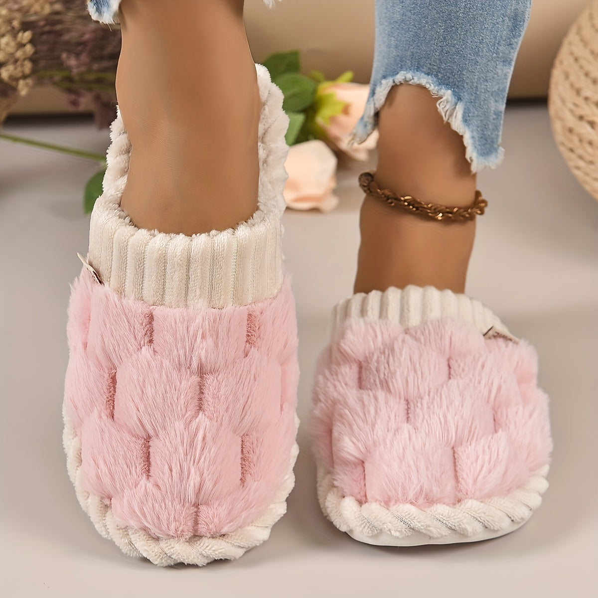 Cozy Faux Fur Slippers - Soft Fabric Lined, Rubber Sole, Comfortable Indoor Shoes for Home, Casual Slip-On Design with Plush Interior