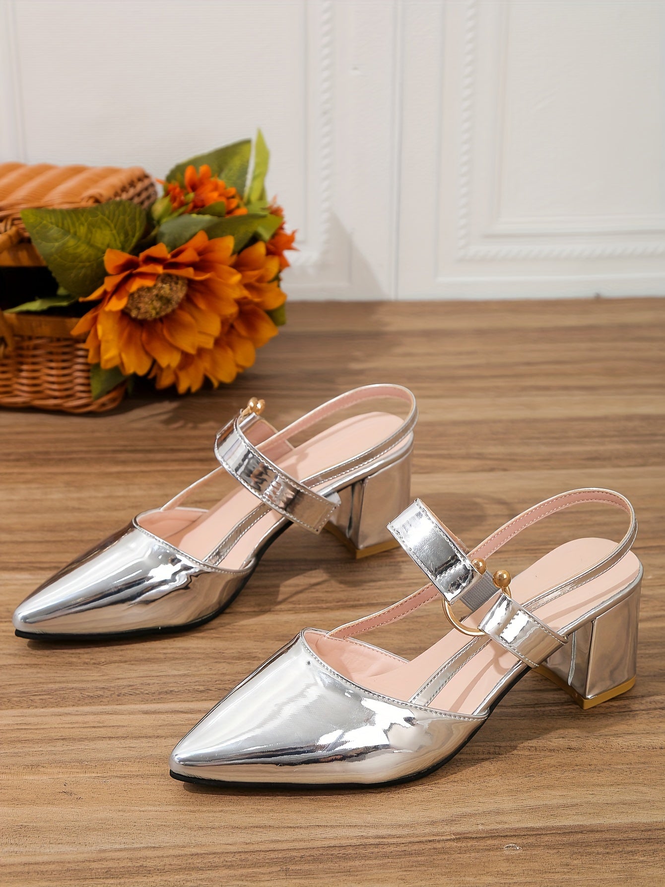 Women's Pointed Toe Block High Heel Sandals, Fashion Solid Color Slingback Shoes, Versatile Mid Heels