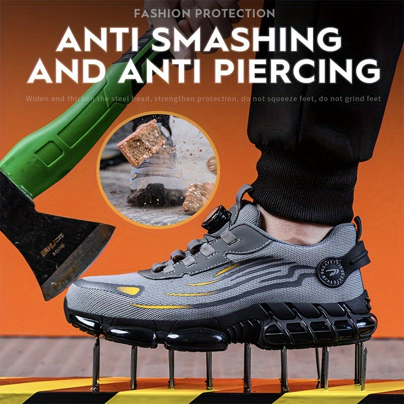 Men's Steel Toe Puncture-Proof Work Safety Sneakers with Rotating Button Closure - Breathable Mesh & Fabric Lining, Non-Slip Rubber Sole - Lightweight Summer Industrial Shoes for Warehouse, Construction, Factory, Steel Toe Sh