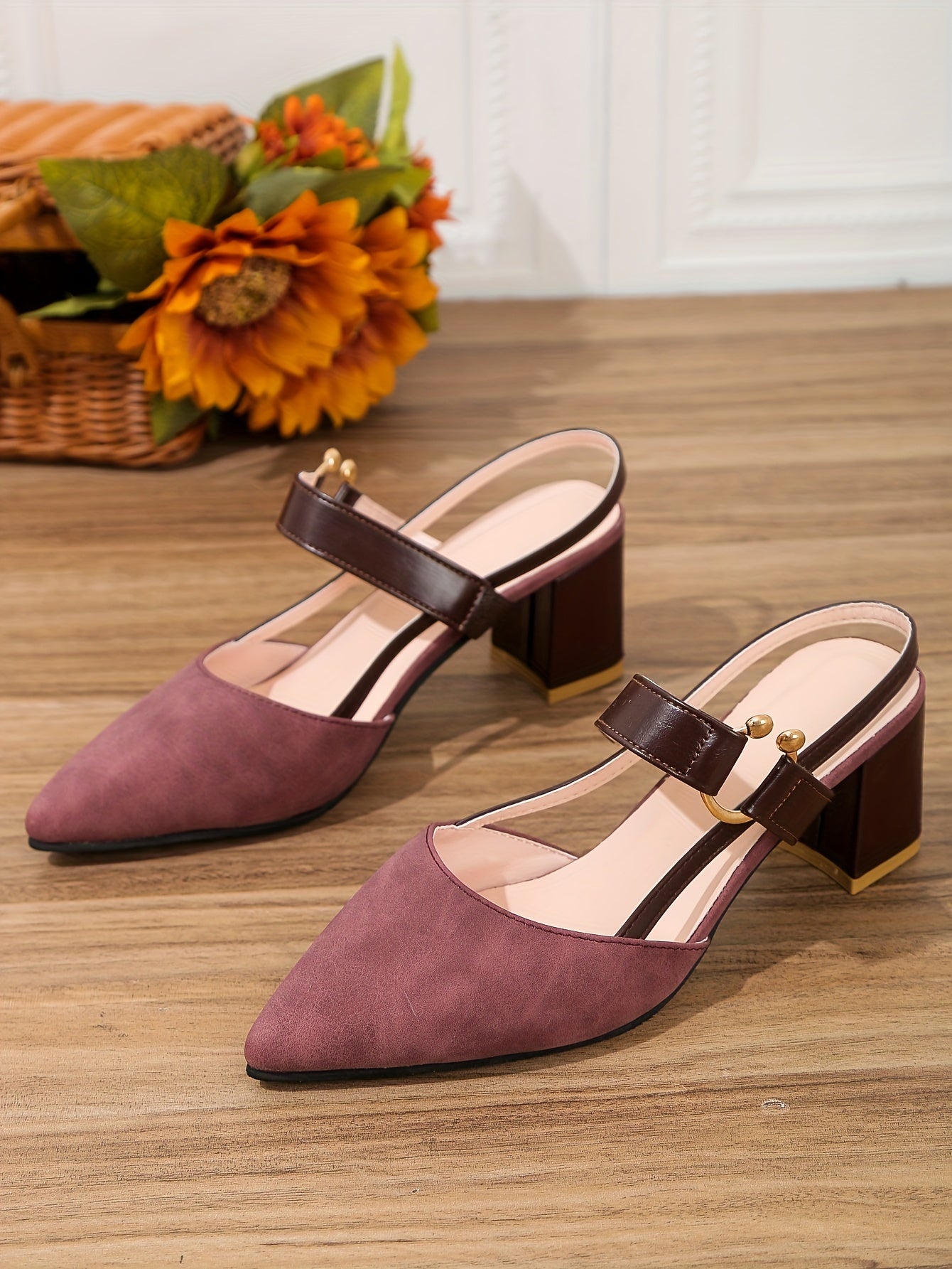 Women's Pointed Toe Block High Heel Sandals, Fashion Solid Color Slingback Shoes, Versatile Mid Heels