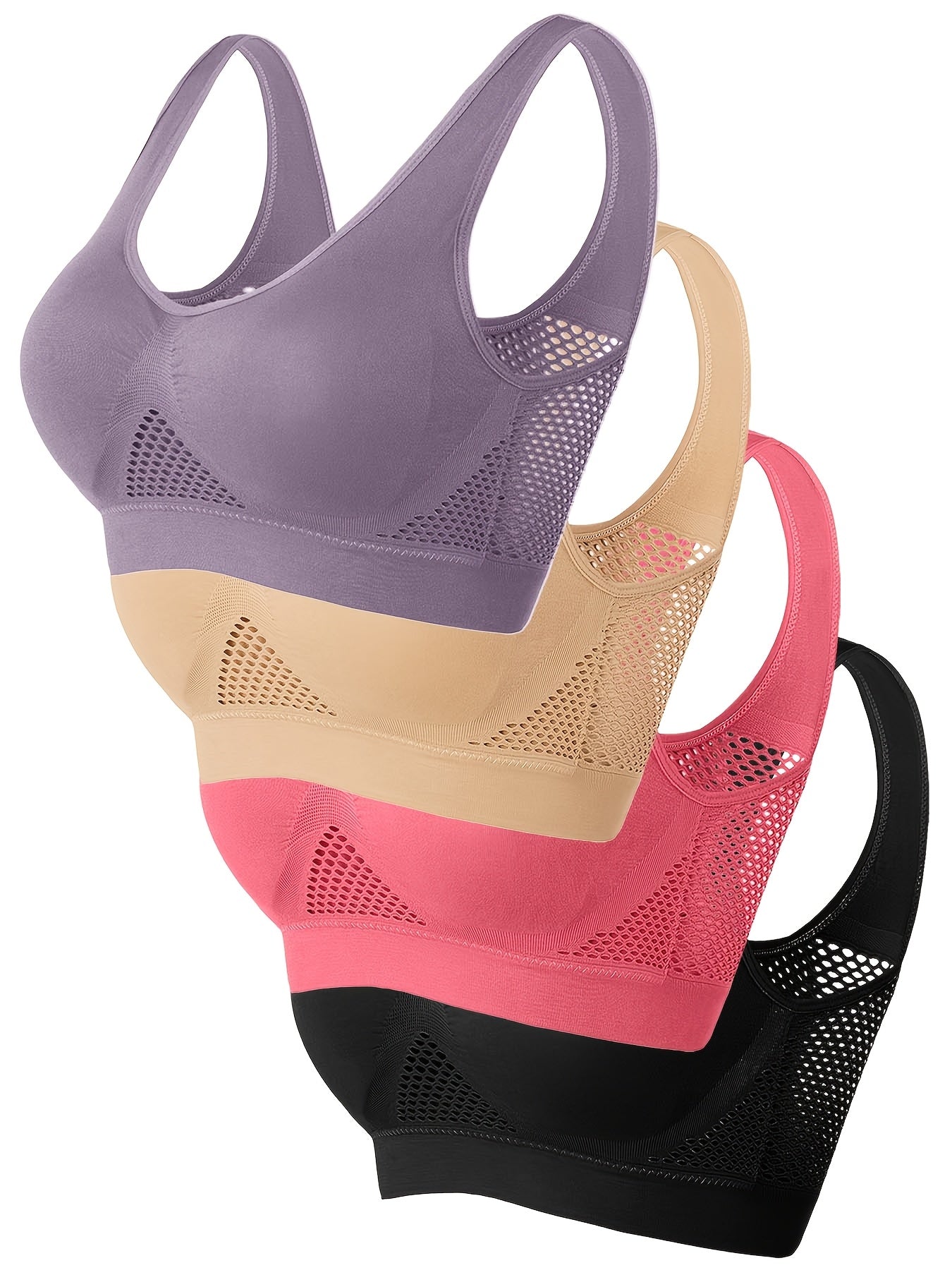 Wireless, Breathable 4pcs Women's Sports Bras - Padded, Mesh with Racerback Design for Yoga, Fitness, Running - Pink, White, Purple, Black, Workout Accessories