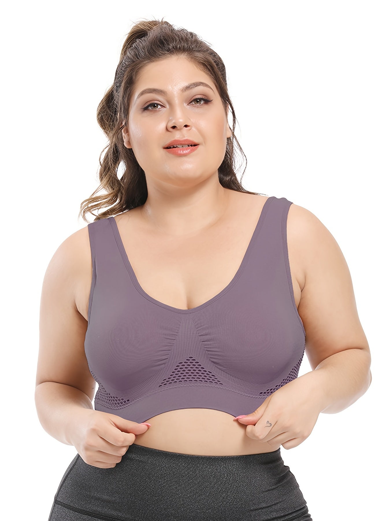 [Gentle Care] Plus Size Seamless Sports Bra for Women - Purple, Breathable Mesh Fabric, Push-Up with Removable Pads, Comfort Fit Vest Style, Sizes 36XL to 40XL, Plus Size Bra