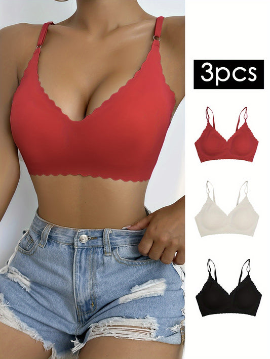 3pcs Wavy Trim Seamless Bralettes, Comfortable & Breathable Wireless Intimates Bras, Women's Lingerie & Underwear