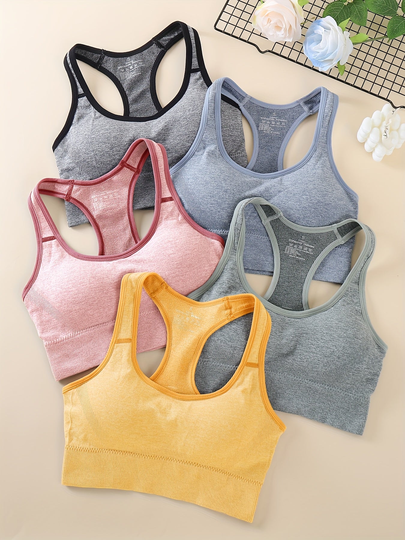 5pcs Women's Medium Support Sports Bras with Removable Pads, Breathable Mesh Back & Moisture-Wicking - Yoga & Gym Bras for High-Impact Workouts, Tummy Control, 5 Colors (Black/Dark Grey/Charcoal/Blush/Peach), Yoga Apparel | S