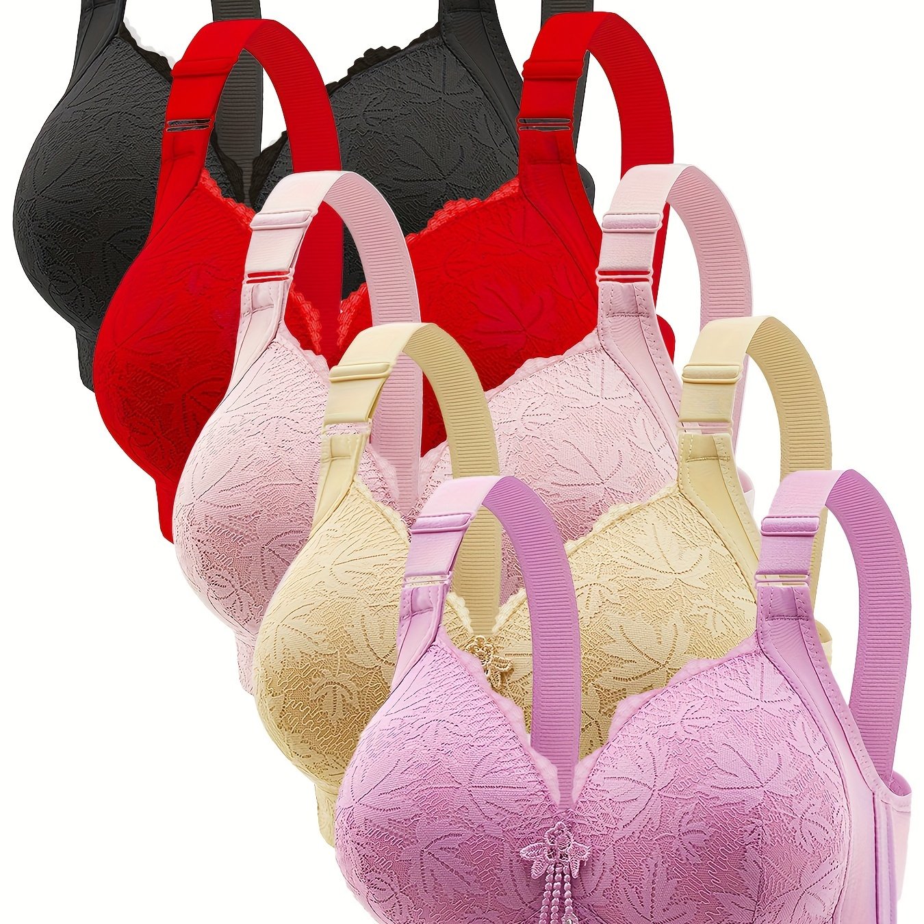 5pcs ESSELEGANCE Push-Up Bras for Women - Adjustable, Comfort Fit with Floral Lace Pattern, V-Neck, Nylon & Elastane Blend, Machine Washable - Available in Black, Red, Beige, Pink, & Purple