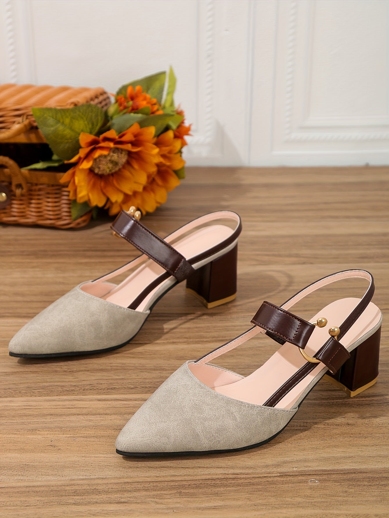 Women's Pointed Toe Block High Heel Sandals, Fashion Solid Color Slingback Shoes, Versatile Mid Heels