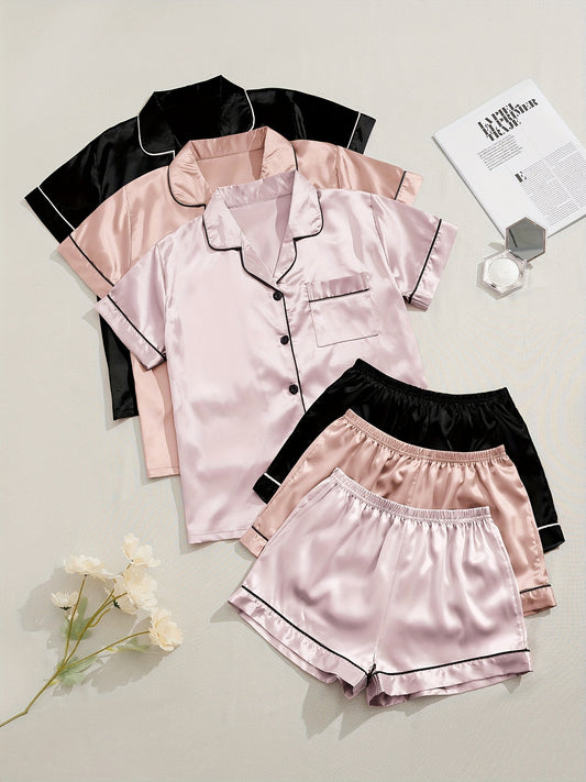 [Three suits] multicolor variety of short-sleeved shorts solid color imitation satin PJ set Women's two-piece suit