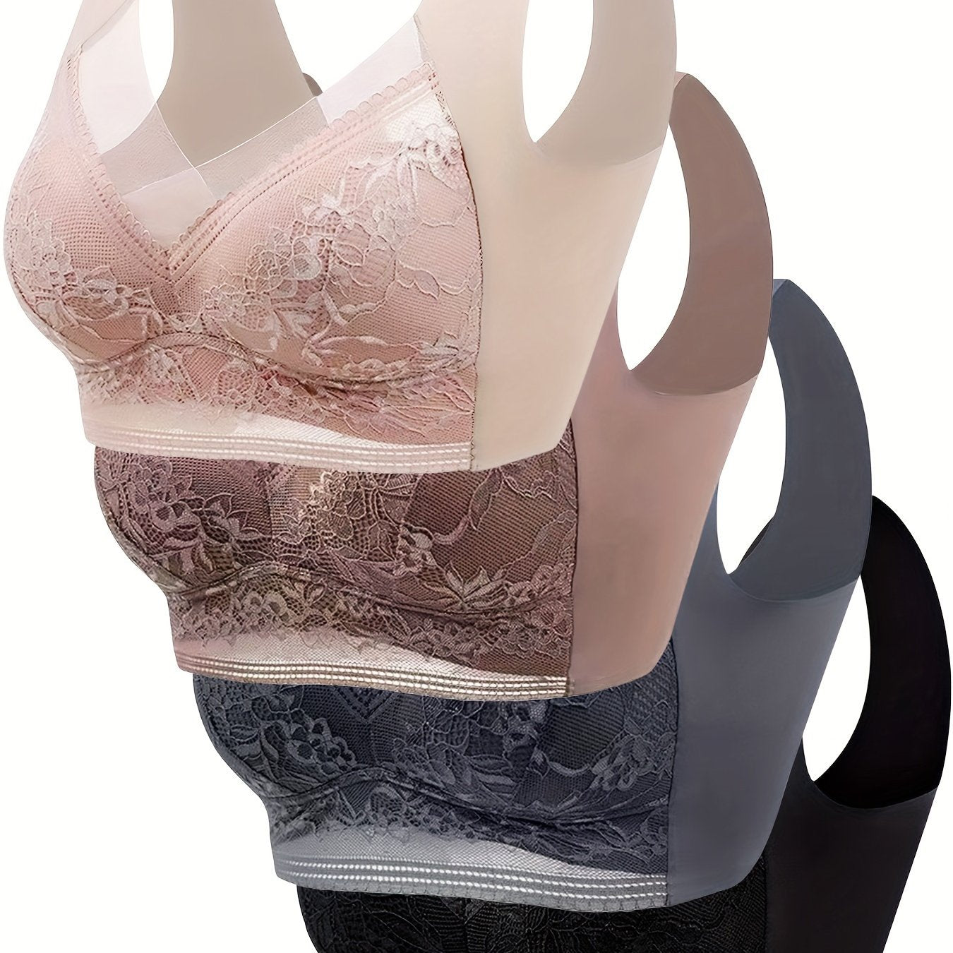4pcs Seamless Lace Bra Set - Ultra-Soft & Breathable, Wireless Bras with Refined Contrast Lace Detail - Perfect for Everyday Wear, Womens lingerie