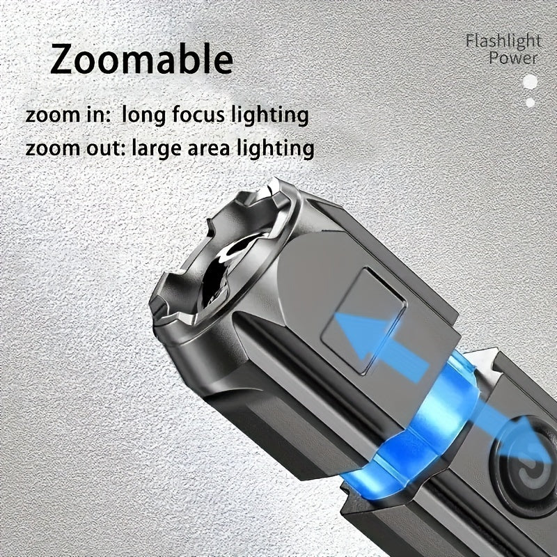1pc Tactical Zoomable Flashlight - Rechargeable 800mAh Battery, Portable Multi-Functional Outdoor Light with Textured Grip & Dual Power Source (Battery/USB) for Home, Camping, and Emergency Use, Rechargeable Flashlight
