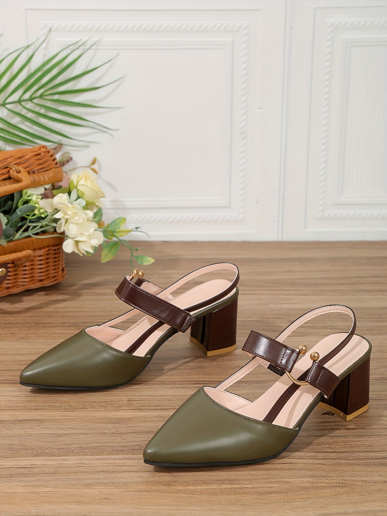 Women's Pointed Toe Block High Heel Sandals, Fashion Solid Color Slingback Shoes, Versatile Mid Heels