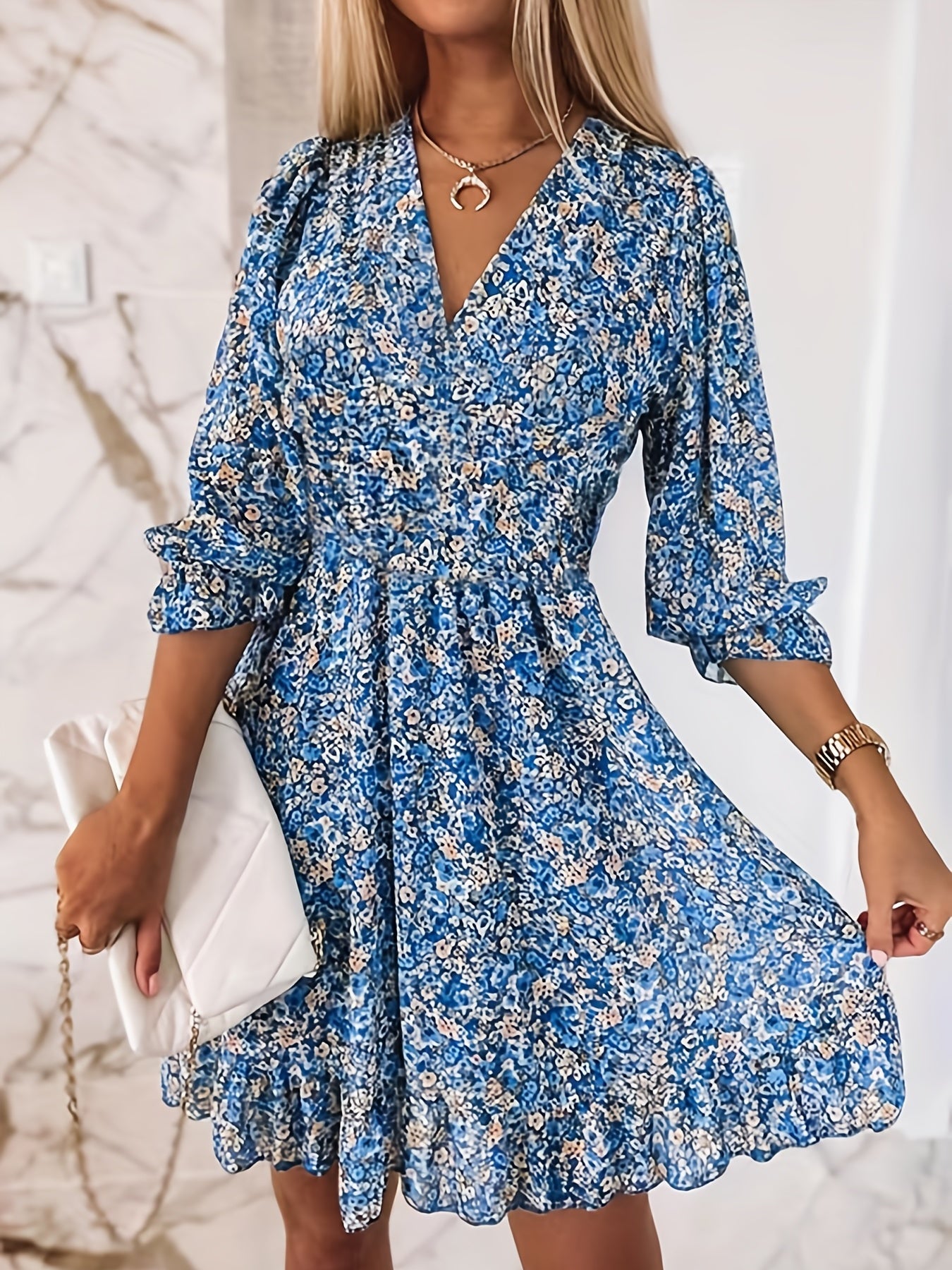 Floral Print Shirred Waist Dress, Casual V Neck Dress For Spring & Summer, Women's Clothing
