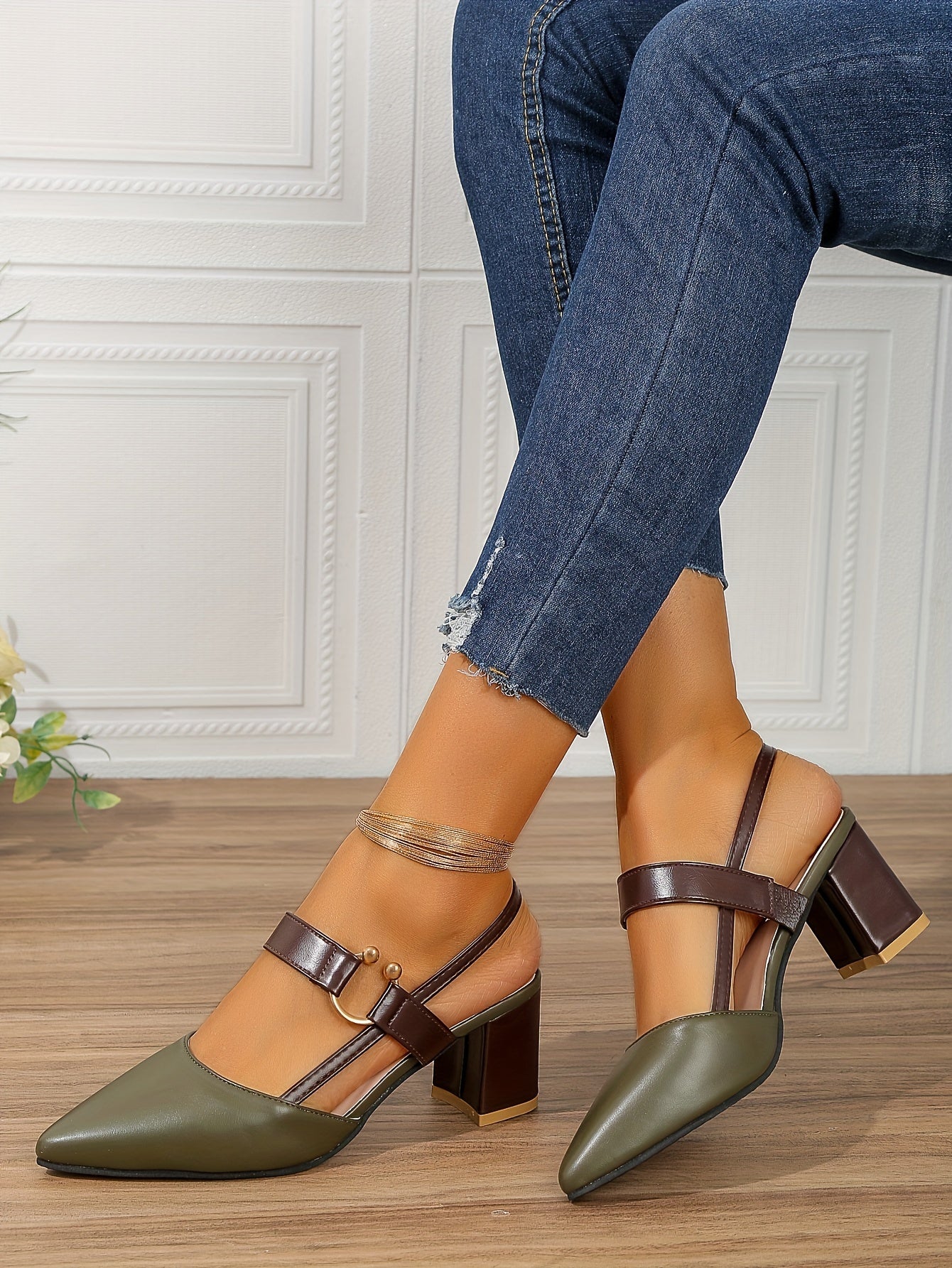 Women's Pointed Toe Block High Heel Sandals, Fashion Solid Color Slingback Shoes, Versatile Mid Heels