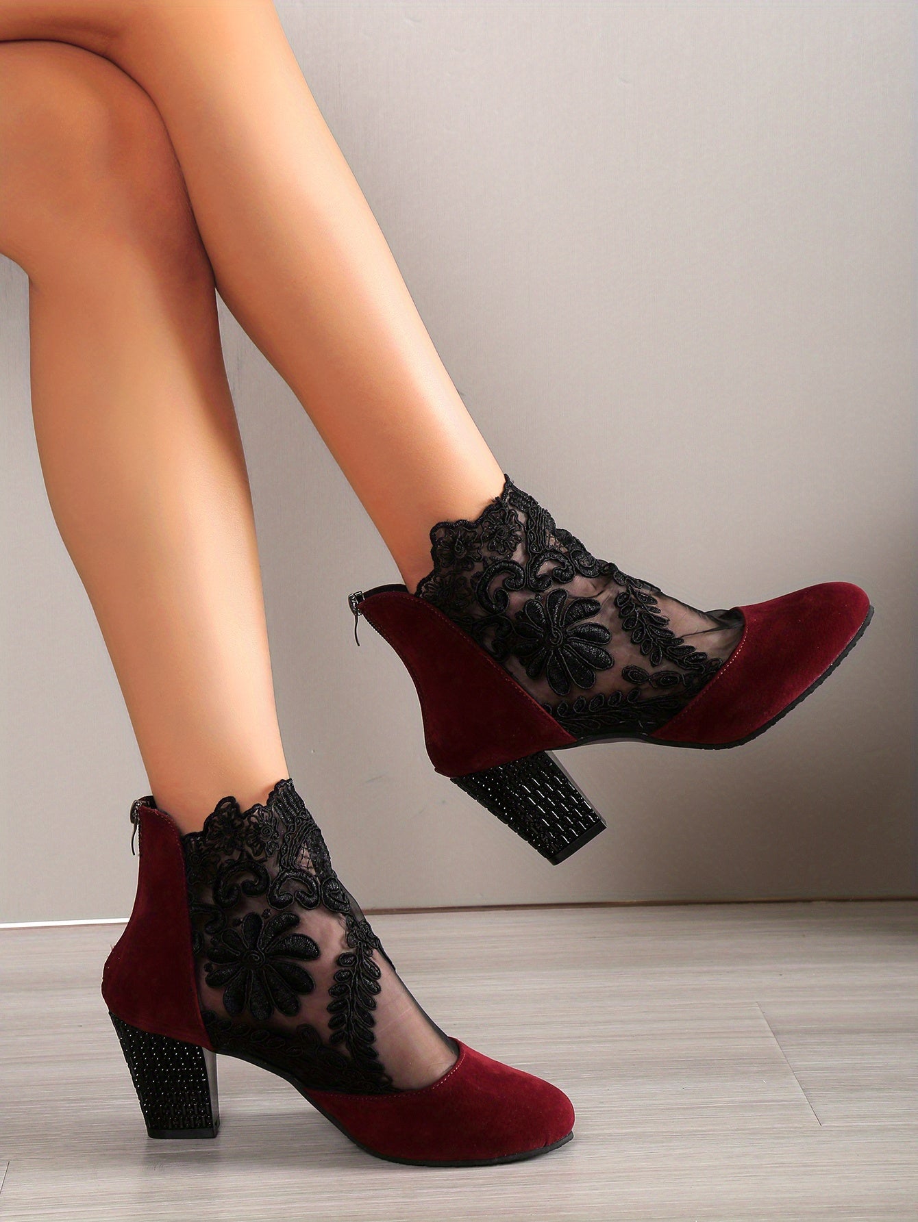 Women's Mesh Block Heel Boots, Fashion Floral Embroidered Back Zipper Heels, Versatile Dress Ankle Boots