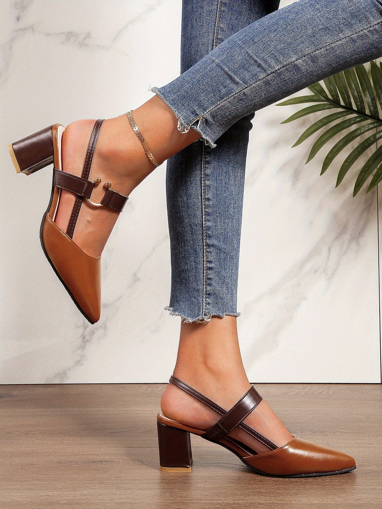 Women's Pointed Toe Block High Heel Sandals, Fashion Solid Color Slingback Shoes, Versatile Mid Heels