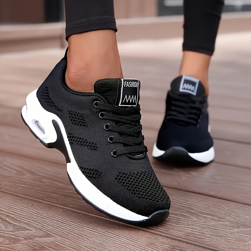 Women's White Breathable Sneakers - Low-Top Casual Sports Shoes with Air Cushion Sole, Shock-Absorbing Platform for Running