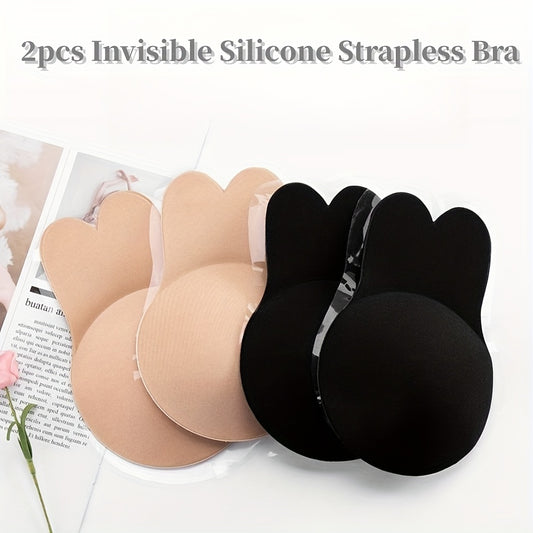 2pcs Womens Push Up Bras - Seamless Self-Adhesive Silicone Bras, Reusable Sticky Breast Lift Tape for Instant Cleavage, Strapless & Invisible Design with Rabbit Nipple Cover Pads