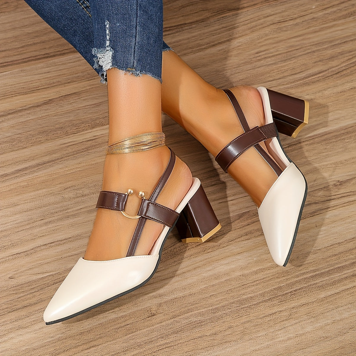 Women's Pointed Toe Block High Heel Sandals, Fashion Solid Color Slingback Shoes, Versatile Mid Heels