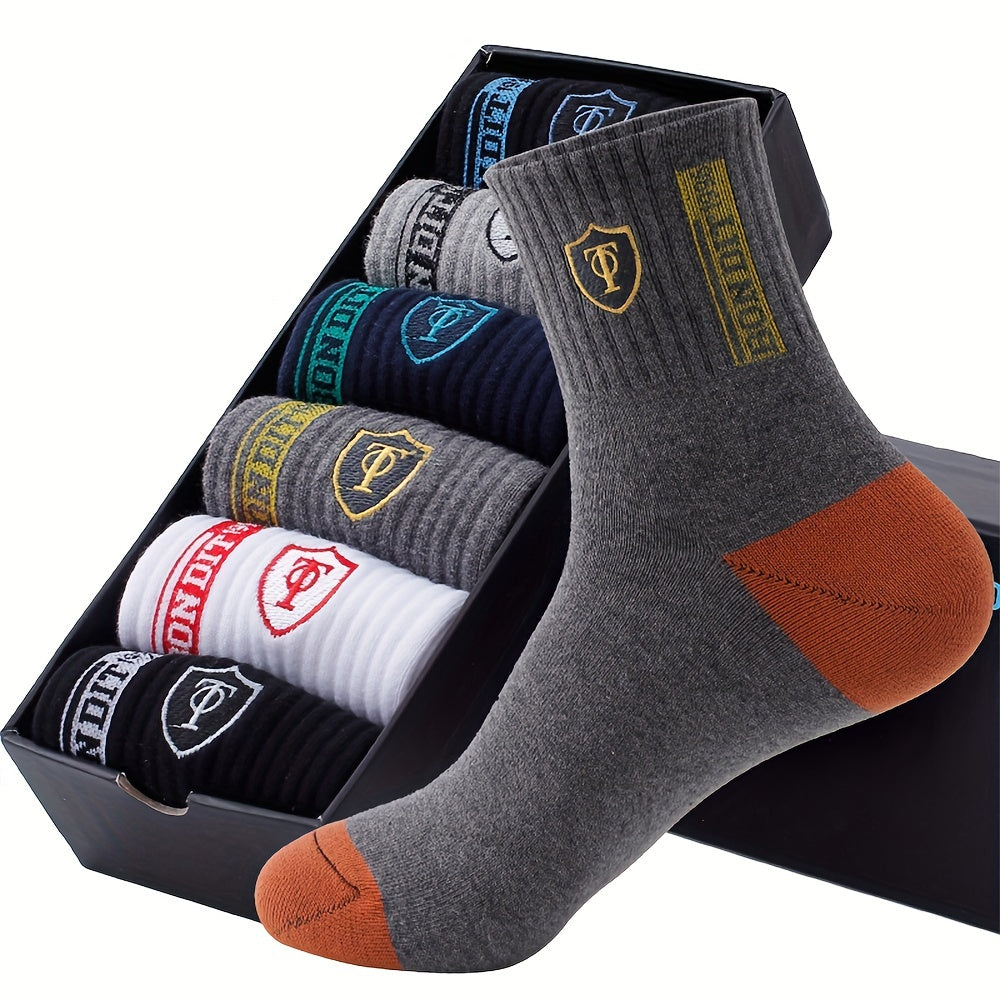 6pairs Men's Sweat Absorbing Embroidered Crest Athletic Socks, Ankle Socks