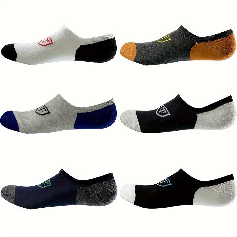 6pairs Men's Sweat Absorbing Embroidered Crest Athletic Socks, Ankle Socks
