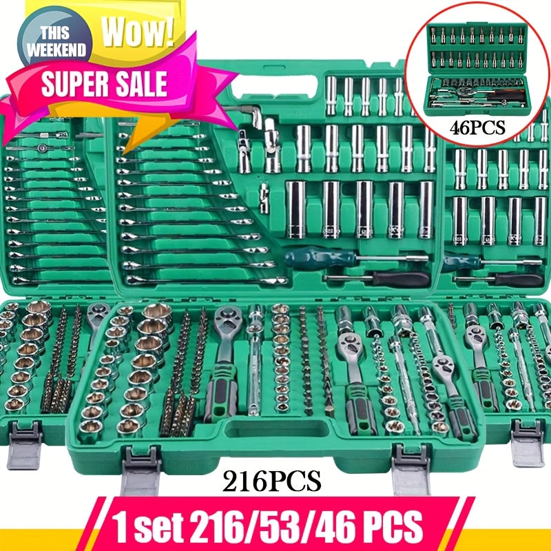 216/53/46pcs Professional Ratchet Toolset - Multi-functional Industrial Maintenance Kit with Torque Wrench, Screwdriver And Portable Repair Essentials for DIY Enthusiasts And Mechanics