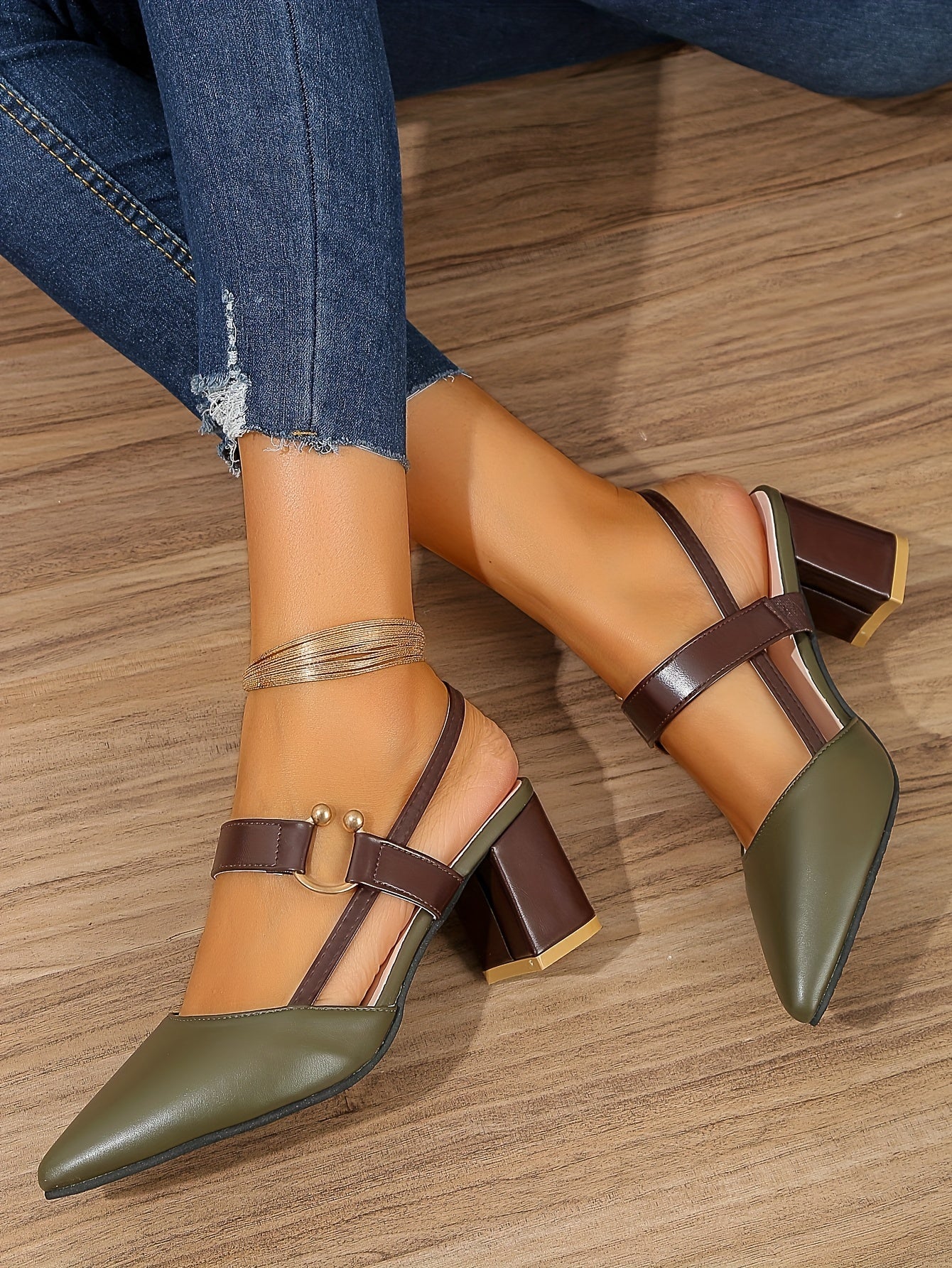 Women's Pointed Toe Block High Heel Sandals, Fashion Solid Color Slingback Shoes, Versatile Mid Heels