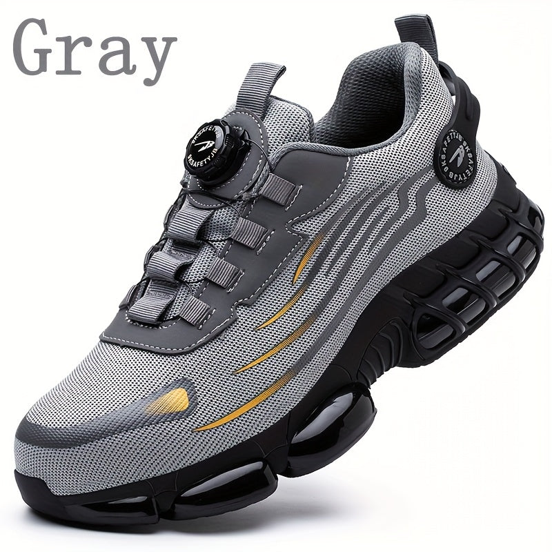 Men's Steel Toe Puncture-Proof Work Safety Sneakers with Rotating Button Closure - Breathable Mesh & Fabric Lining, Non-Slip Rubber Sole - Lightweight Summer Industrial Shoes for Warehouse, Construction, Factory, Steel Toe Sh