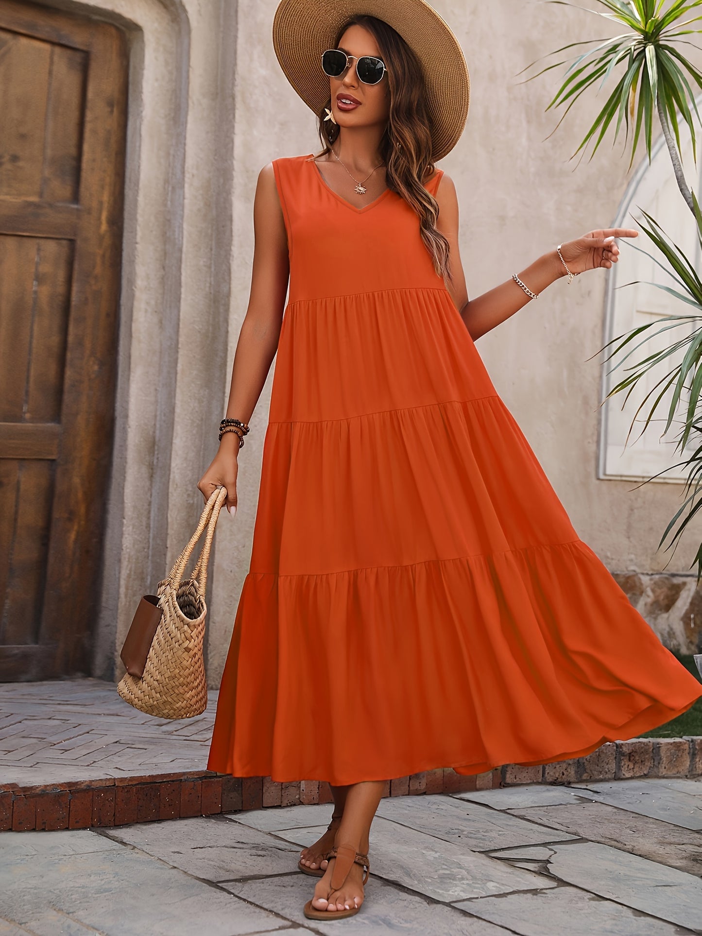 Loose V Neck Ruffle Hem Dress, Casual Sleeveless Dress For Spring & Summer, Women's Clothing